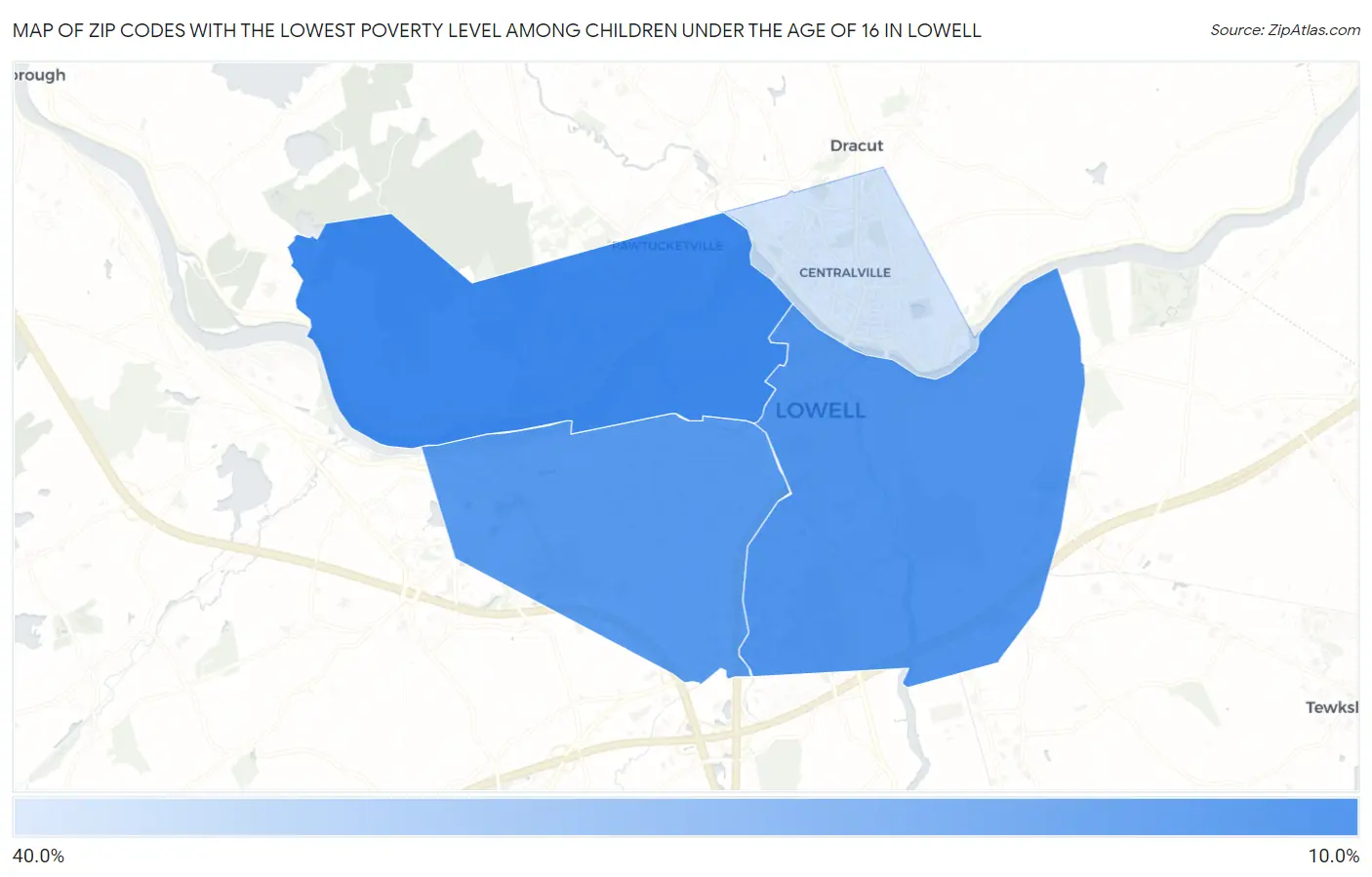 Zip Codes with the Lowest Poverty Level Among Children Under the Age of 16 in Lowell Map