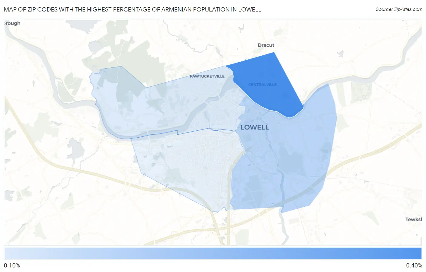 Zip Codes with the Highest Percentage of Armenian Population in Lowell Map