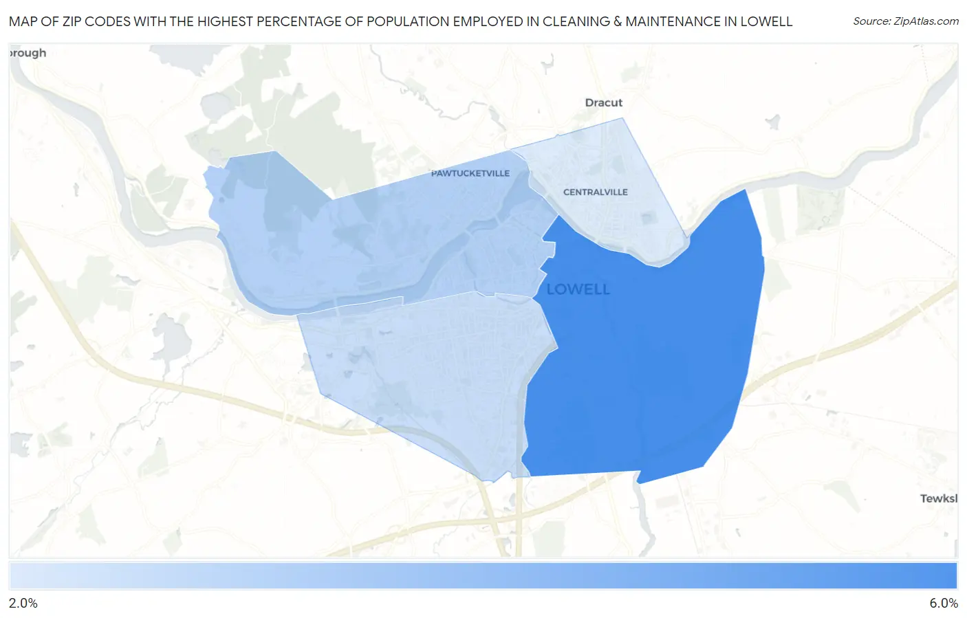 Zip Codes with the Highest Percentage of Population Employed in Cleaning & Maintenance in Lowell Map