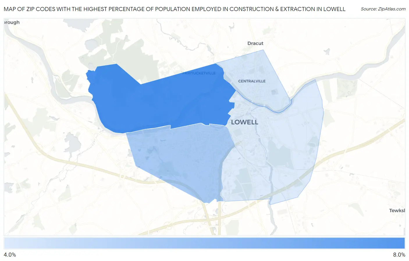 Zip Codes with the Highest Percentage of Population Employed in Construction & Extraction in Lowell Map