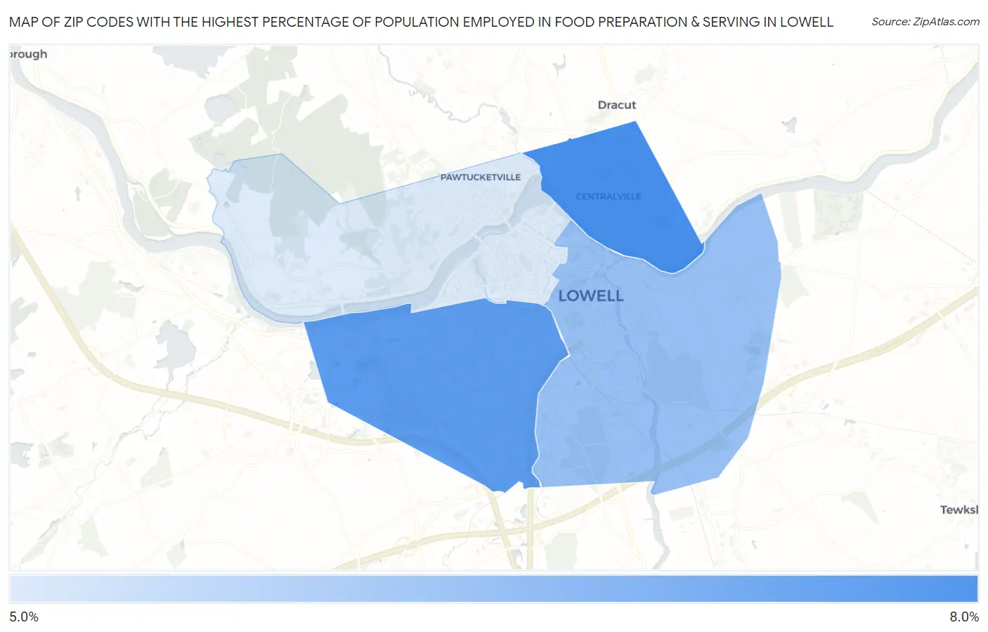 Zip Codes with the Highest Percentage of Population Employed in Food Preparation & Serving in Lowell Map