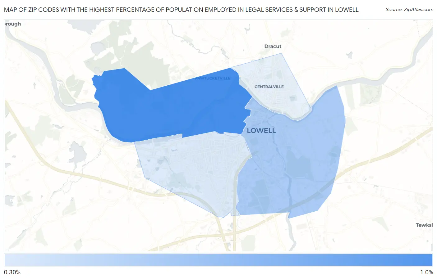 Zip Codes with the Highest Percentage of Population Employed in Legal Services & Support in Lowell Map