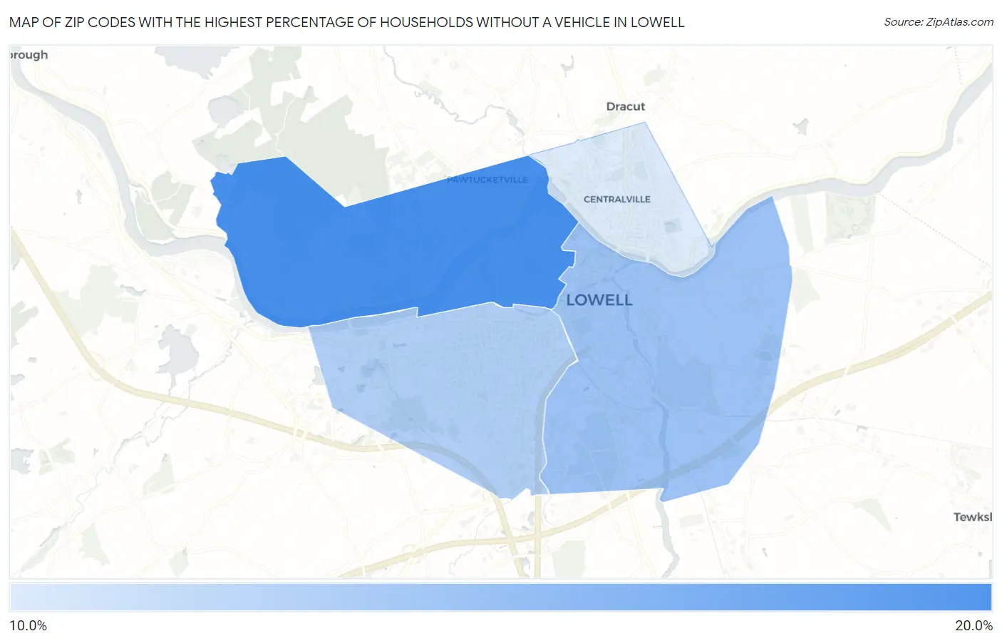 Zip Codes with the Highest Percentage of Households Without a Vehicle in Lowell Map