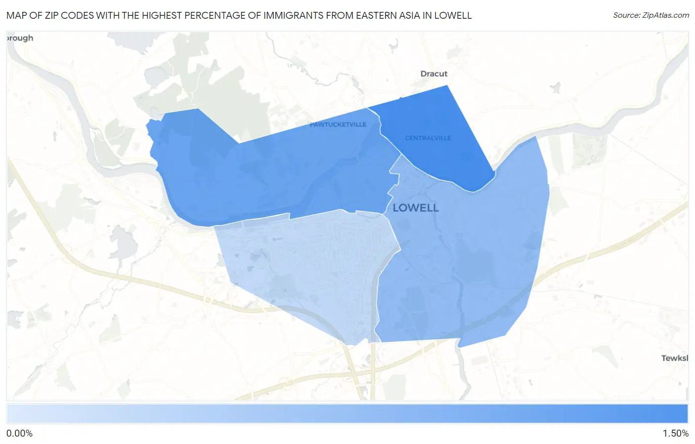 Zip Codes with the Highest Percentage of Immigrants from Eastern Asia in Lowell Map