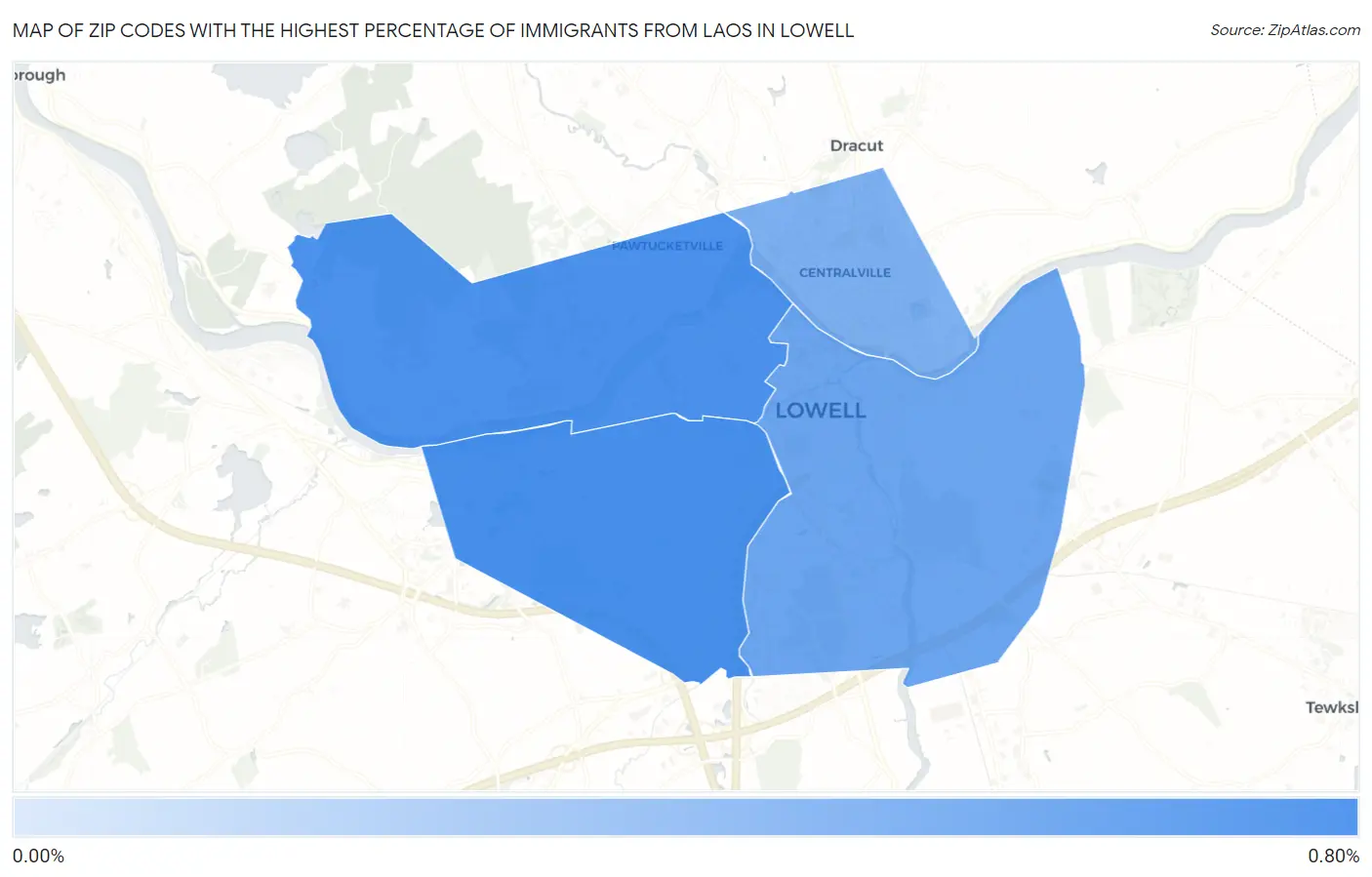 Zip Codes with the Highest Percentage of Immigrants from Laos in Lowell Map