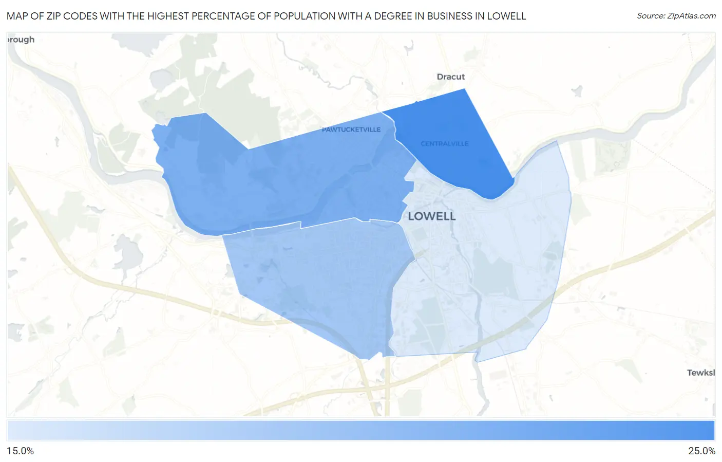 Zip Codes with the Highest Percentage of Population with a Degree in Business in Lowell Map