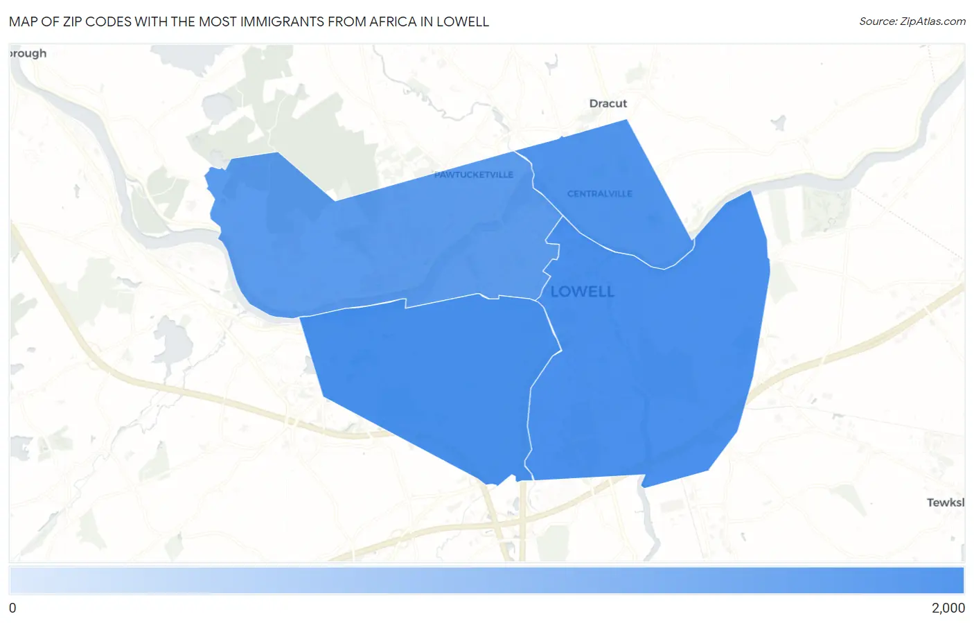 Zip Codes with the Most Immigrants from Africa in Lowell Map