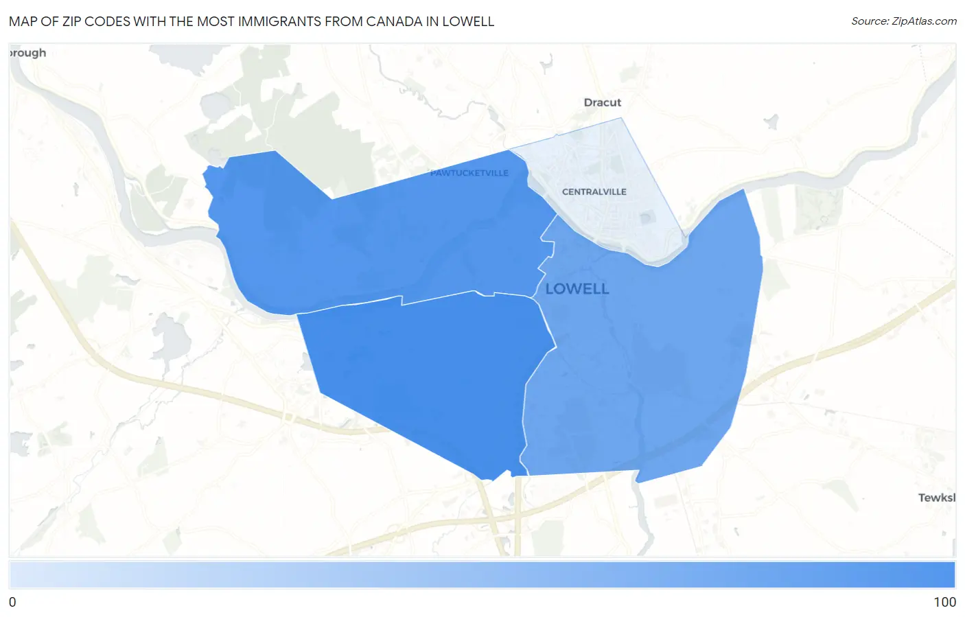 Zip Codes with the Most Immigrants from Canada in Lowell Map