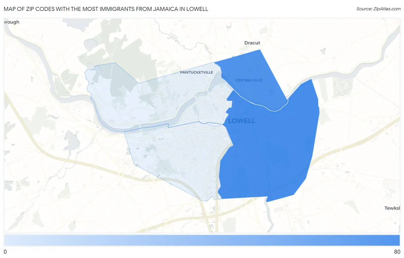 Zip Codes with the Most Immigrants from Jamaica in Lowell Map