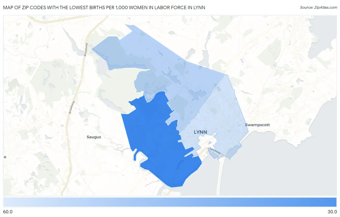 Zip Codes with the Lowest Births per 1,000 Women in Labor Force in Lynn Map