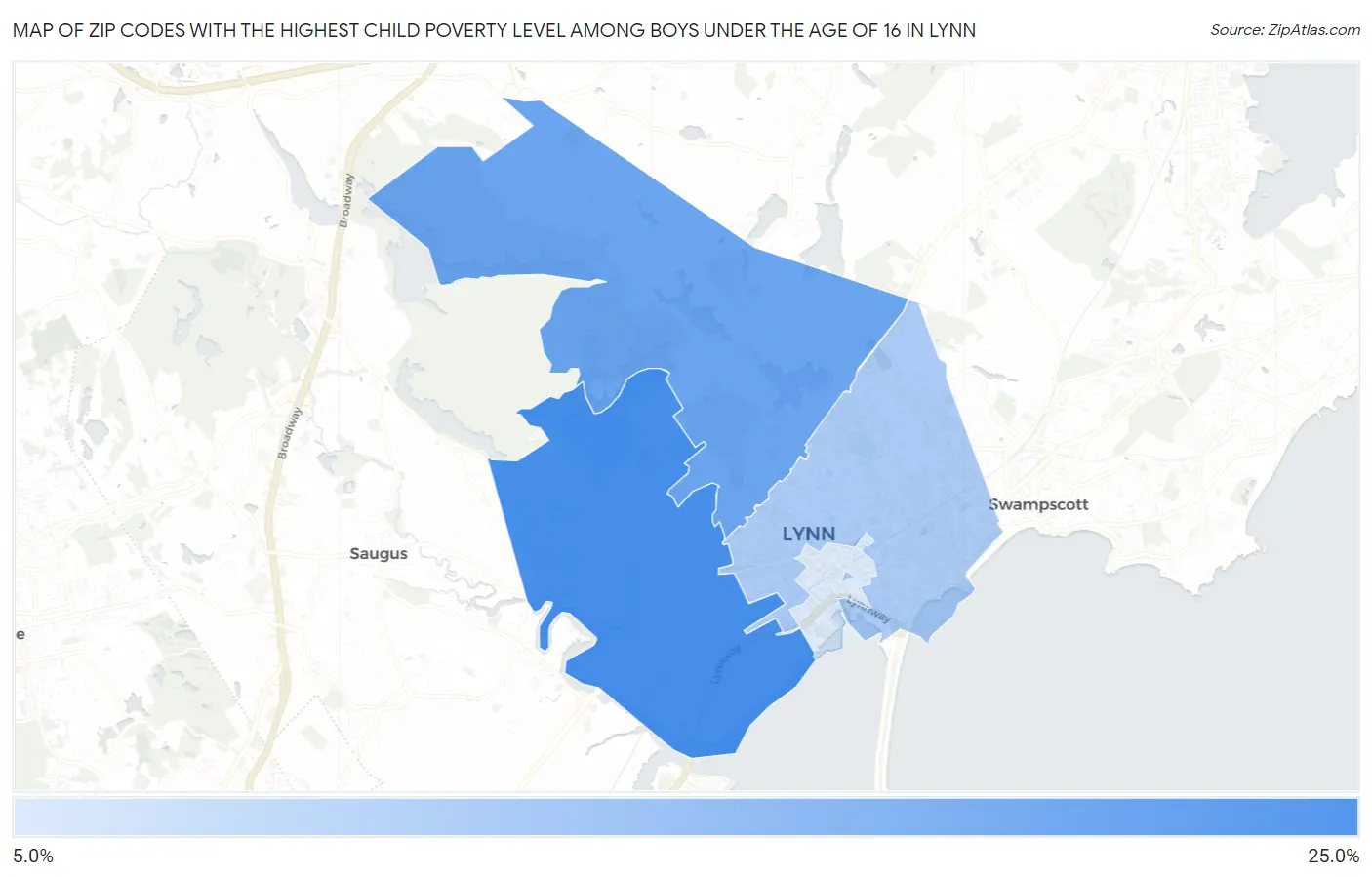 Zip Codes with the Highest Child Poverty Level Among Boys Under the Age of 16 in Lynn Map