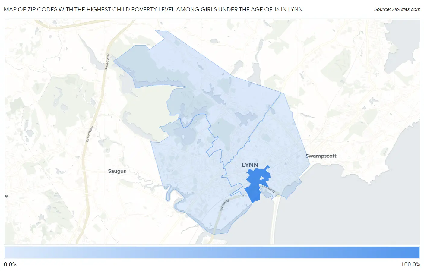 Zip Codes with the Highest Child Poverty Level Among Girls Under the Age of 16 in Lynn Map