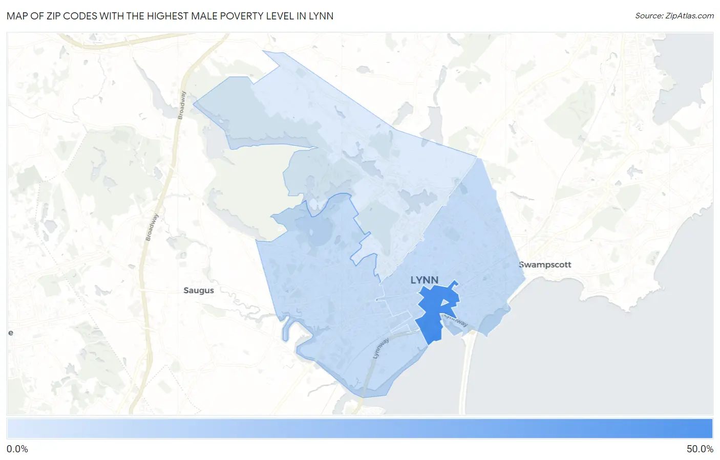 Zip Codes with the Highest Male Poverty Level in Lynn Map