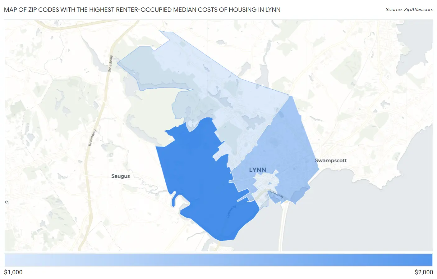 Zip Codes with the Highest Renter-Occupied Median Costs of Housing in Lynn Map