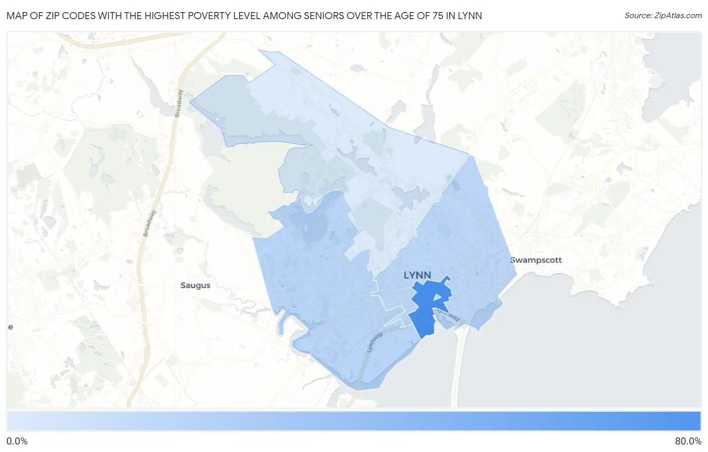 Zip Codes with the Highest Poverty Level Among Seniors Over the Age of 75 in Lynn Map