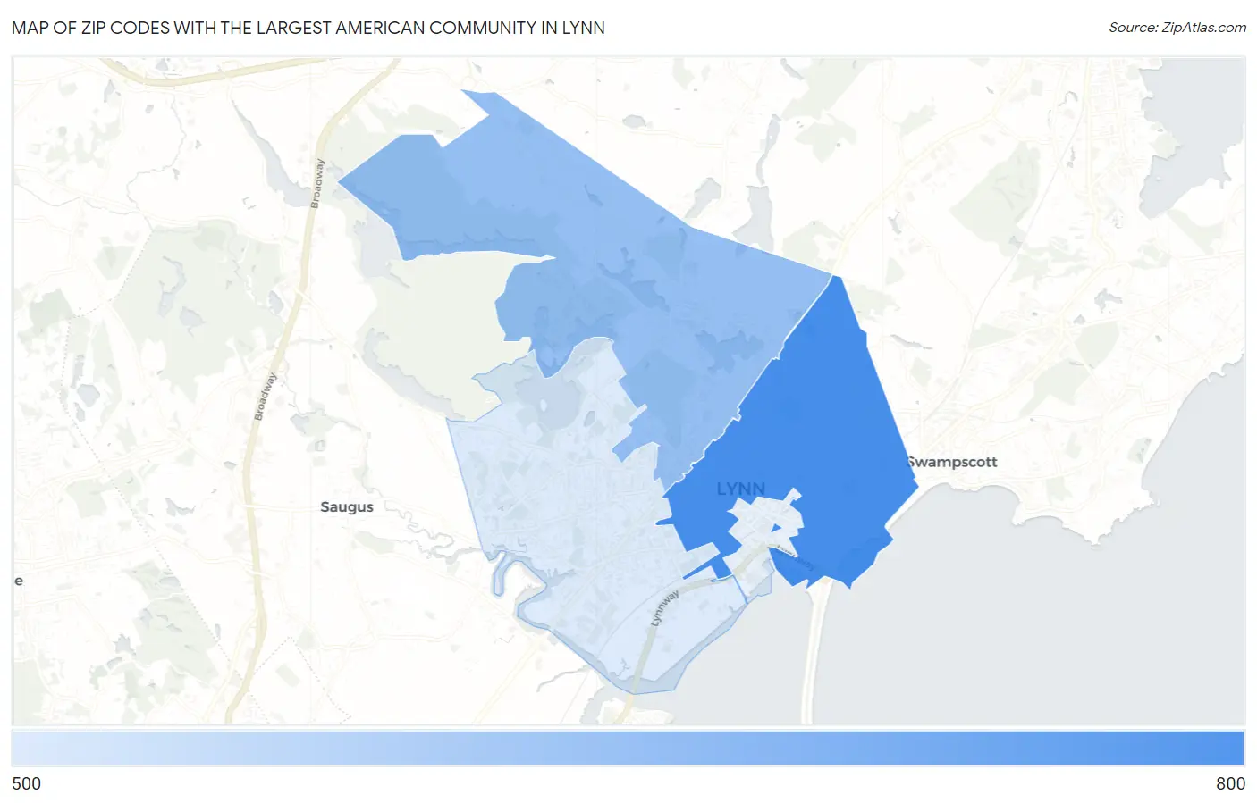 Zip Codes with the Largest American Community in Lynn Map