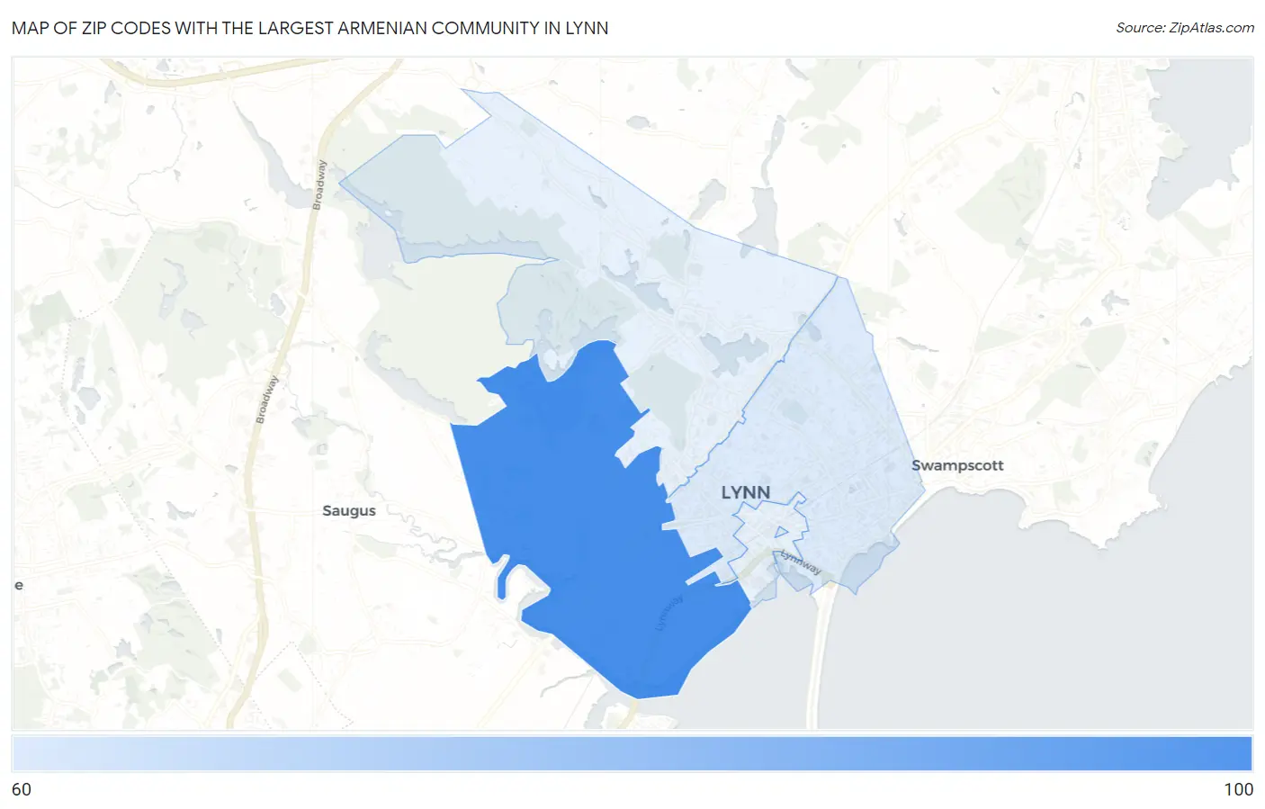 Zip Codes with the Largest Armenian Community in Lynn Map