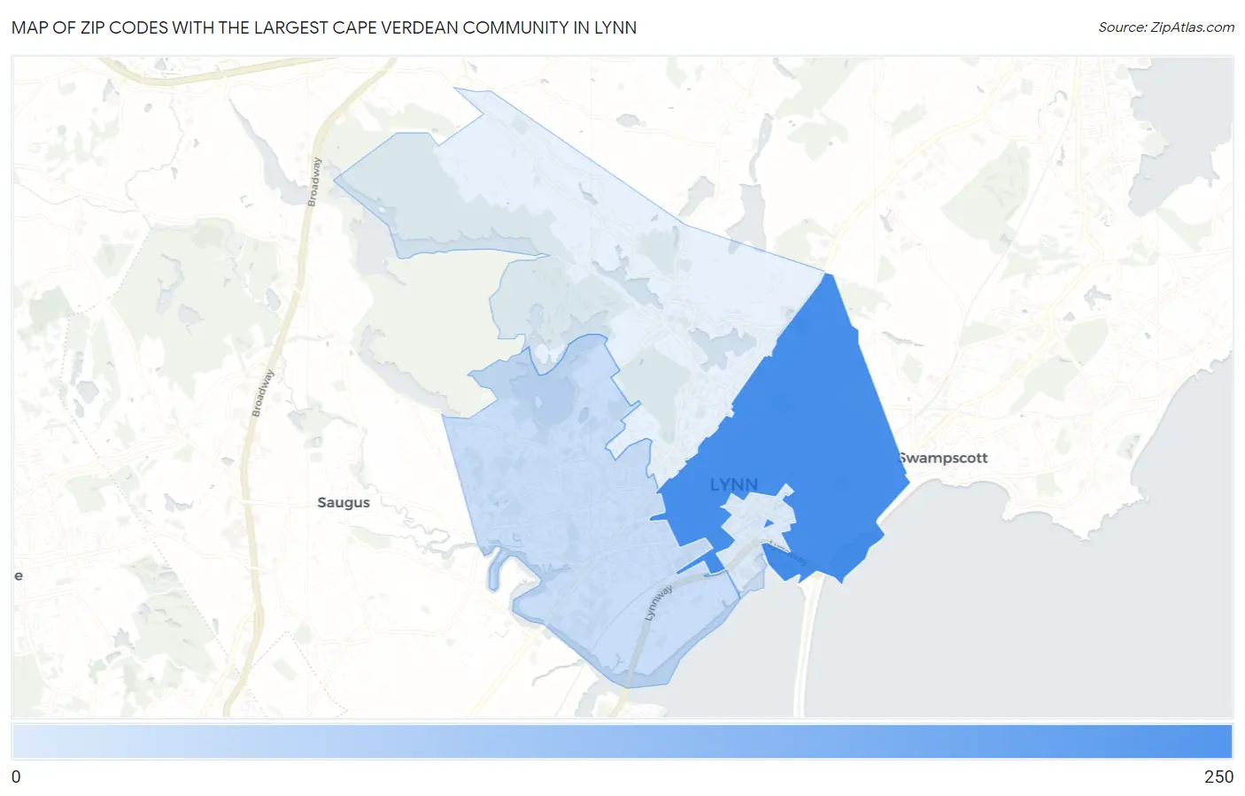 Zip Codes with the Largest Cape Verdean Community in Lynn Map