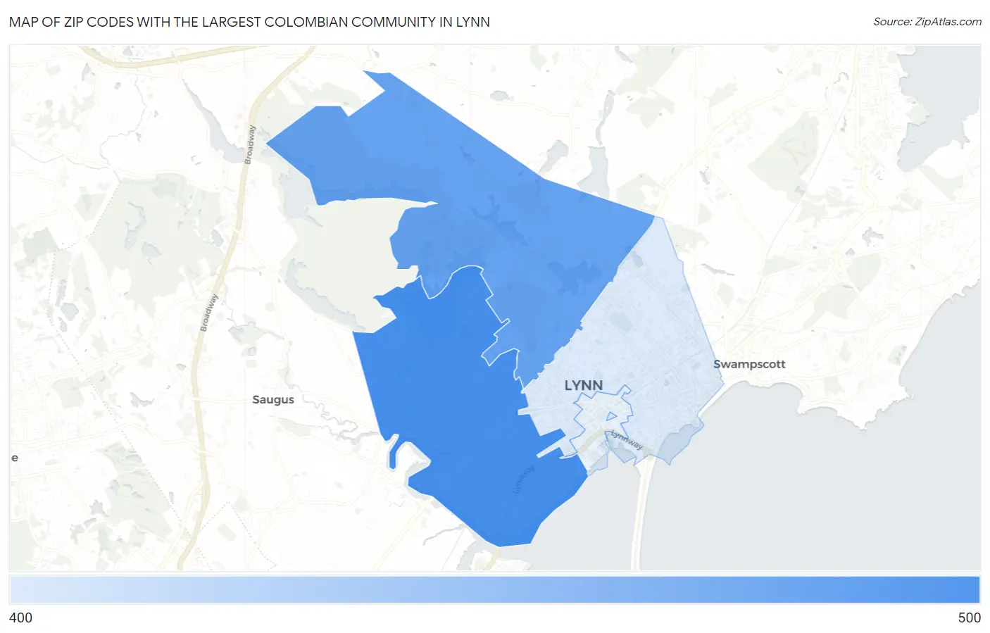 Zip Codes with the Largest Colombian Community in Lynn Map