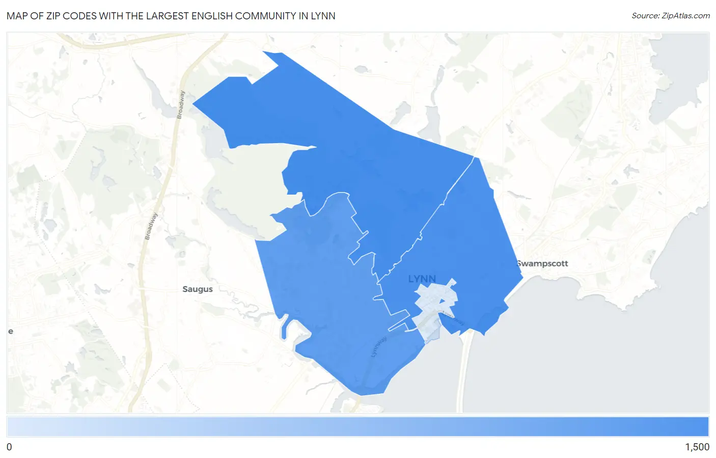 Zip Codes with the Largest English Community in Lynn Map