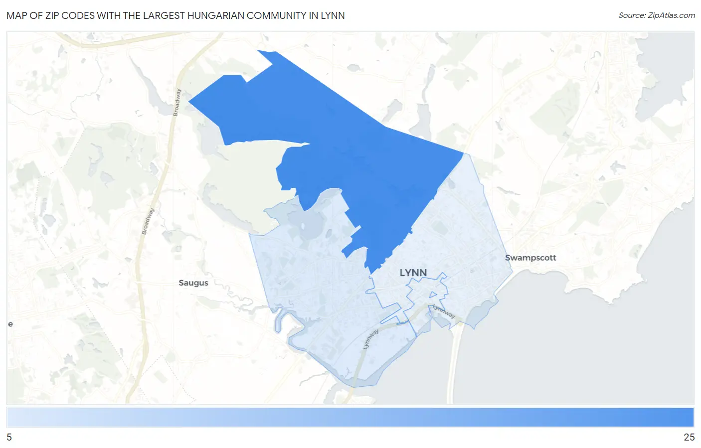Zip Codes with the Largest Hungarian Community in Lynn Map