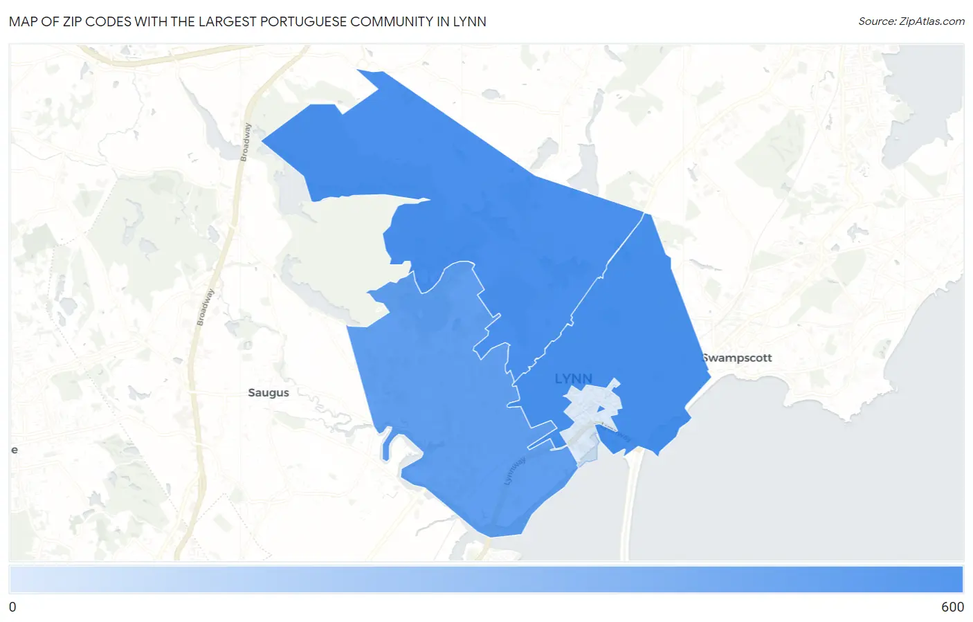 Zip Codes with the Largest Portuguese Community in Lynn Map