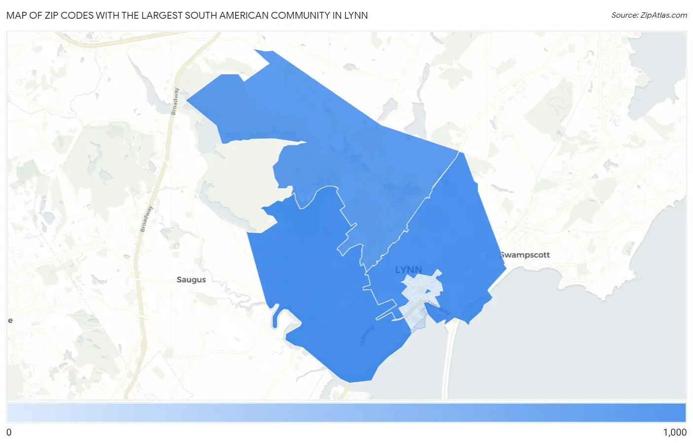 Zip Codes with the Largest South American Community in Lynn Map