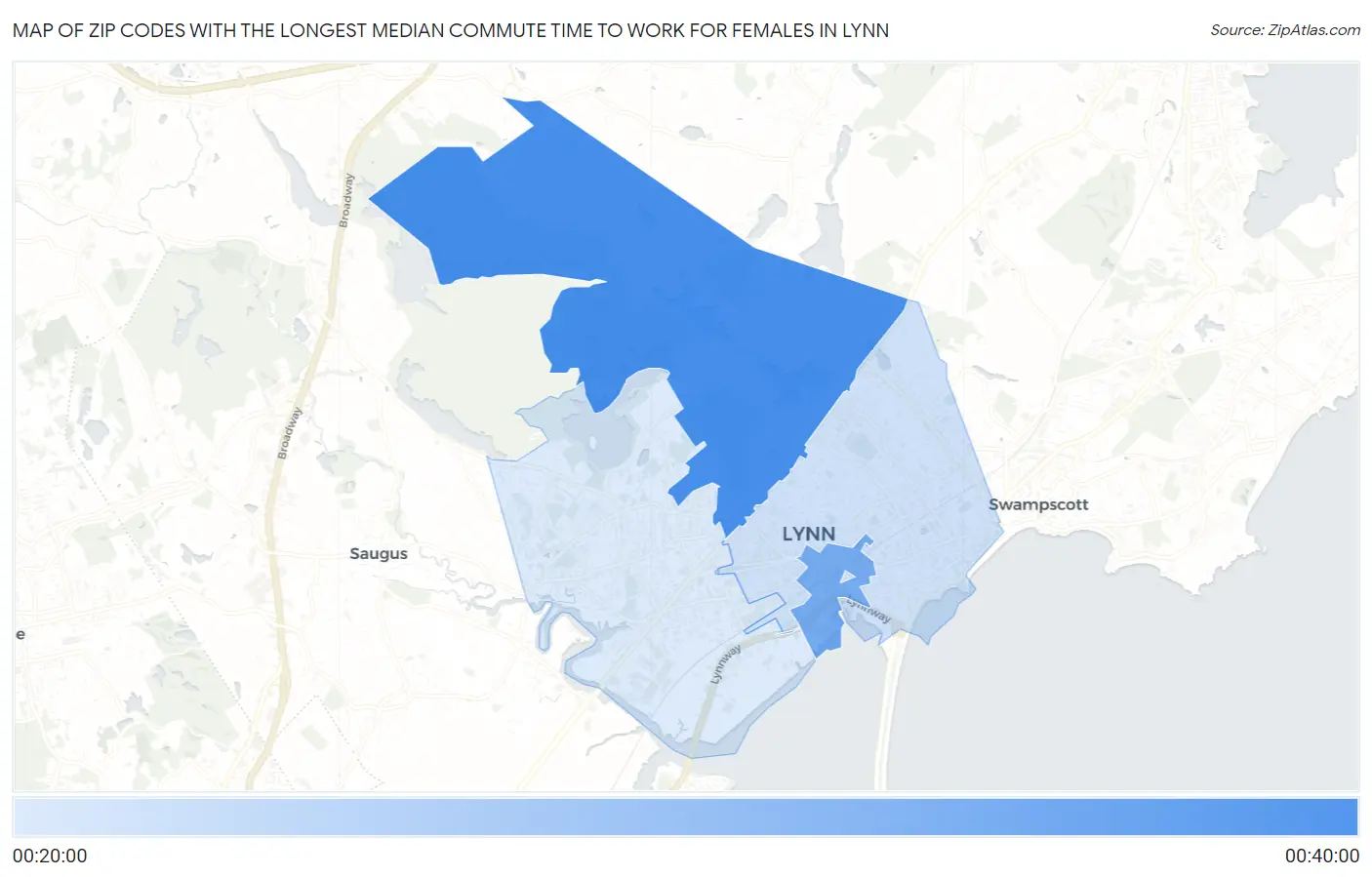 Zip Codes with the Longest Median Commute Time to Work for Females in Lynn Map