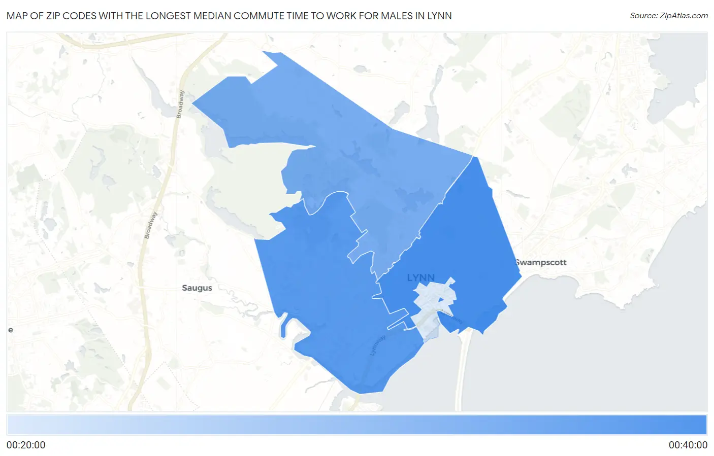 Zip Codes with the Longest Median Commute Time to Work for Males in Lynn Map