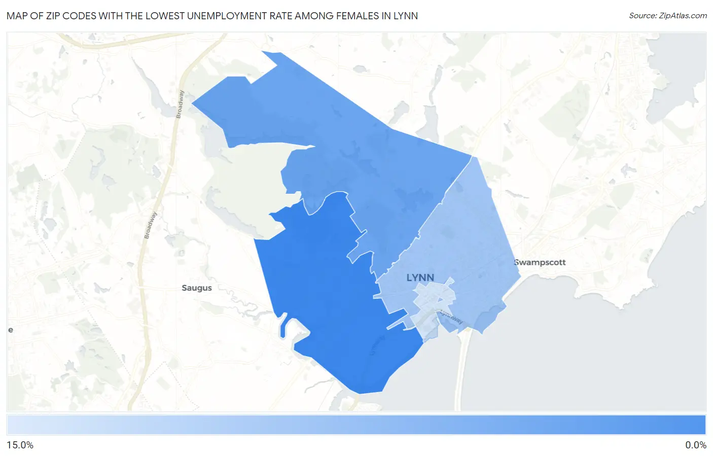 Zip Codes with the Lowest Unemployment Rate Among Females in Lynn Map