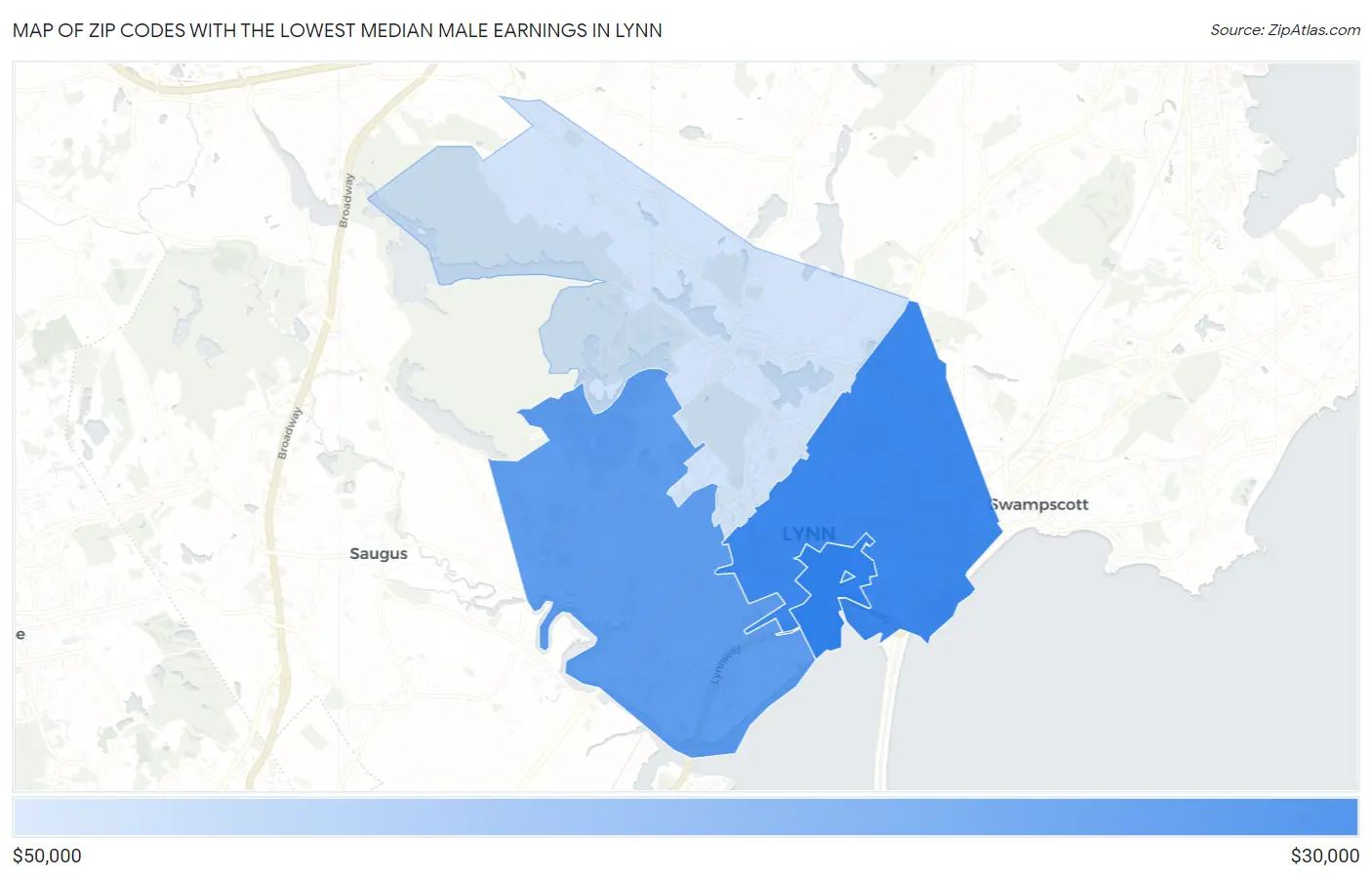 Zip Codes with the Lowest Median Male Earnings in Lynn Map