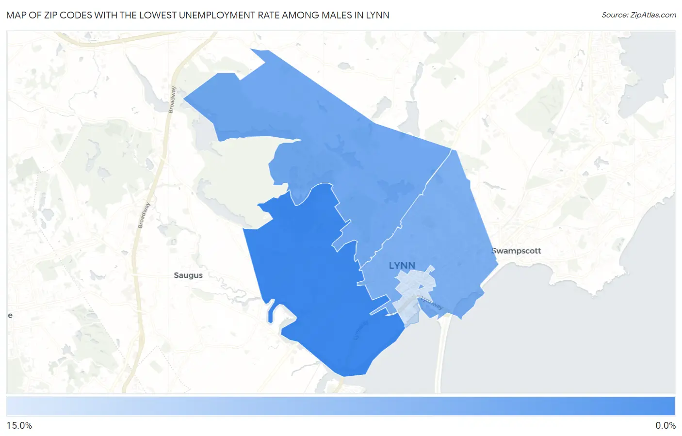 Zip Codes with the Lowest Unemployment Rate Among Males in Lynn Map