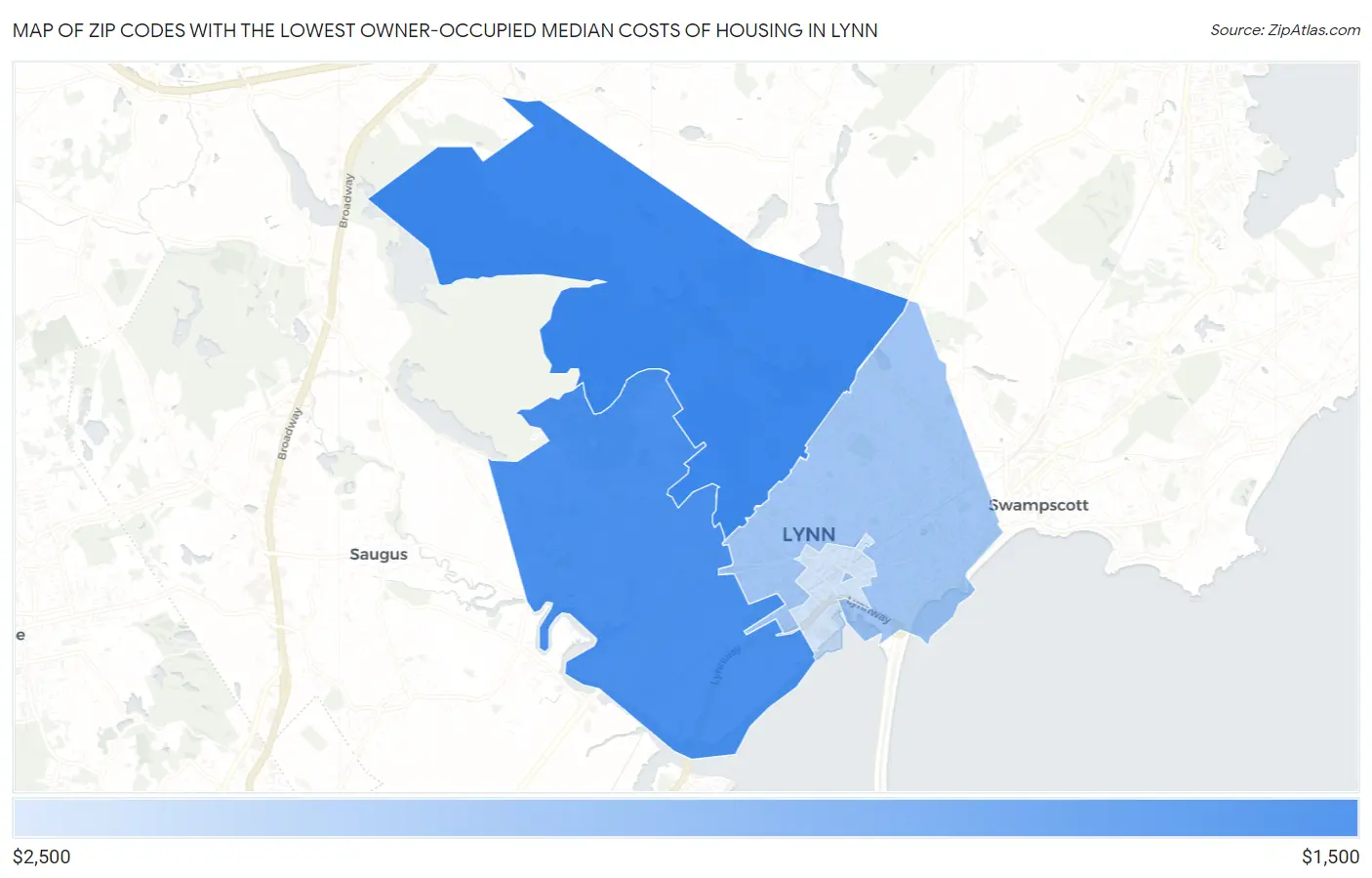 Zip Codes with the Lowest Owner-Occupied Median Costs of Housing in Lynn Map
