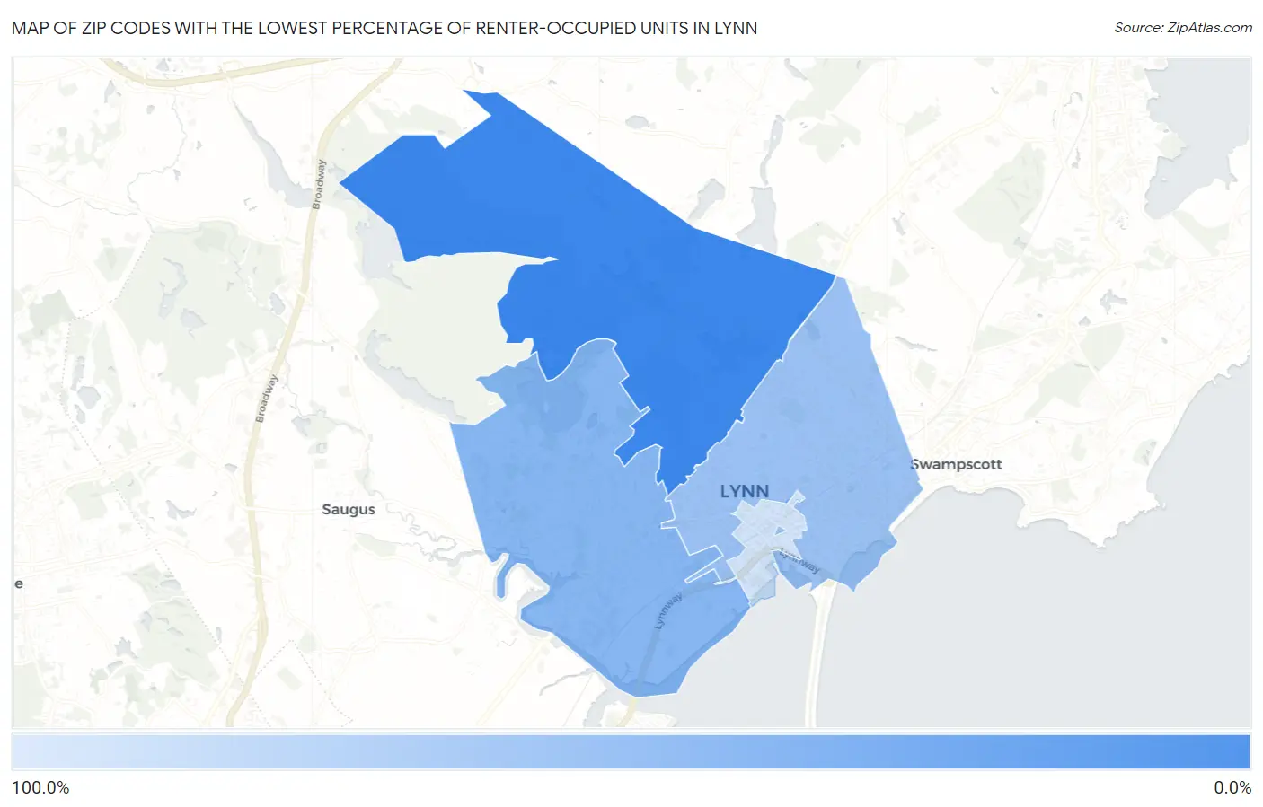 Zip Codes with the Lowest Percentage of Renter-Occupied Units in Lynn Map