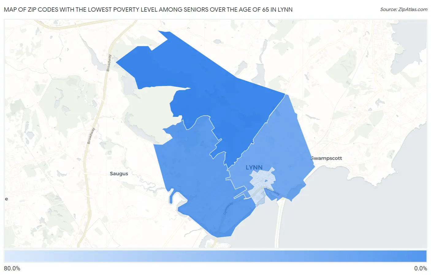 Zip Codes with the Lowest Poverty Level Among Seniors Over the Age of 65 in Lynn Map