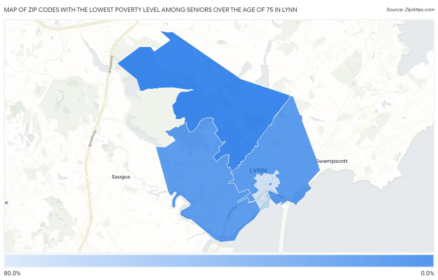 Zip Codes with the Lowest Poverty Level Among Seniors Over the Age of 75 in Lynn Map