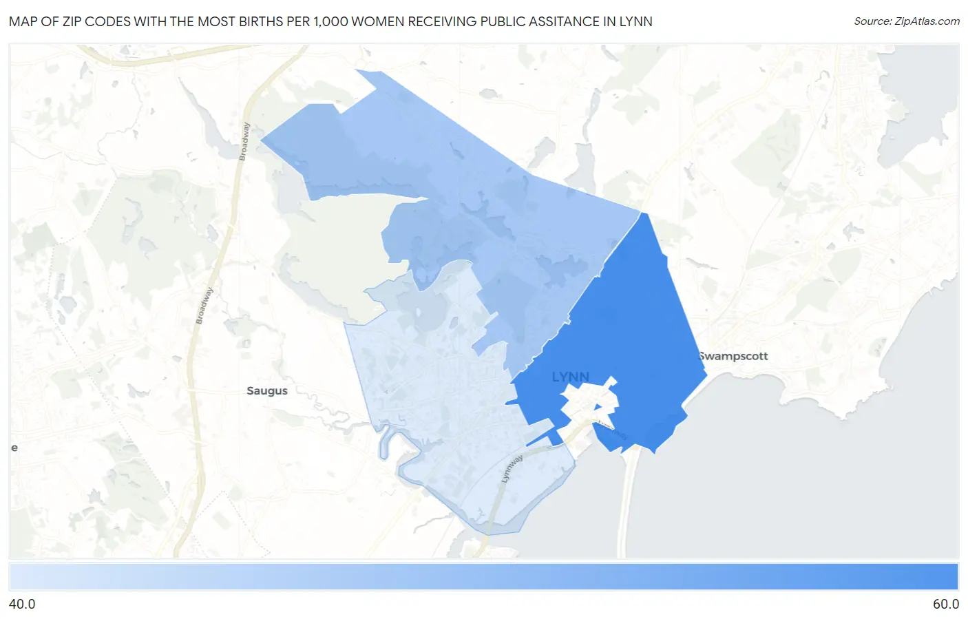 Zip Codes with the Most Births per 1,000 Women Receiving Public Assitance in Lynn Map