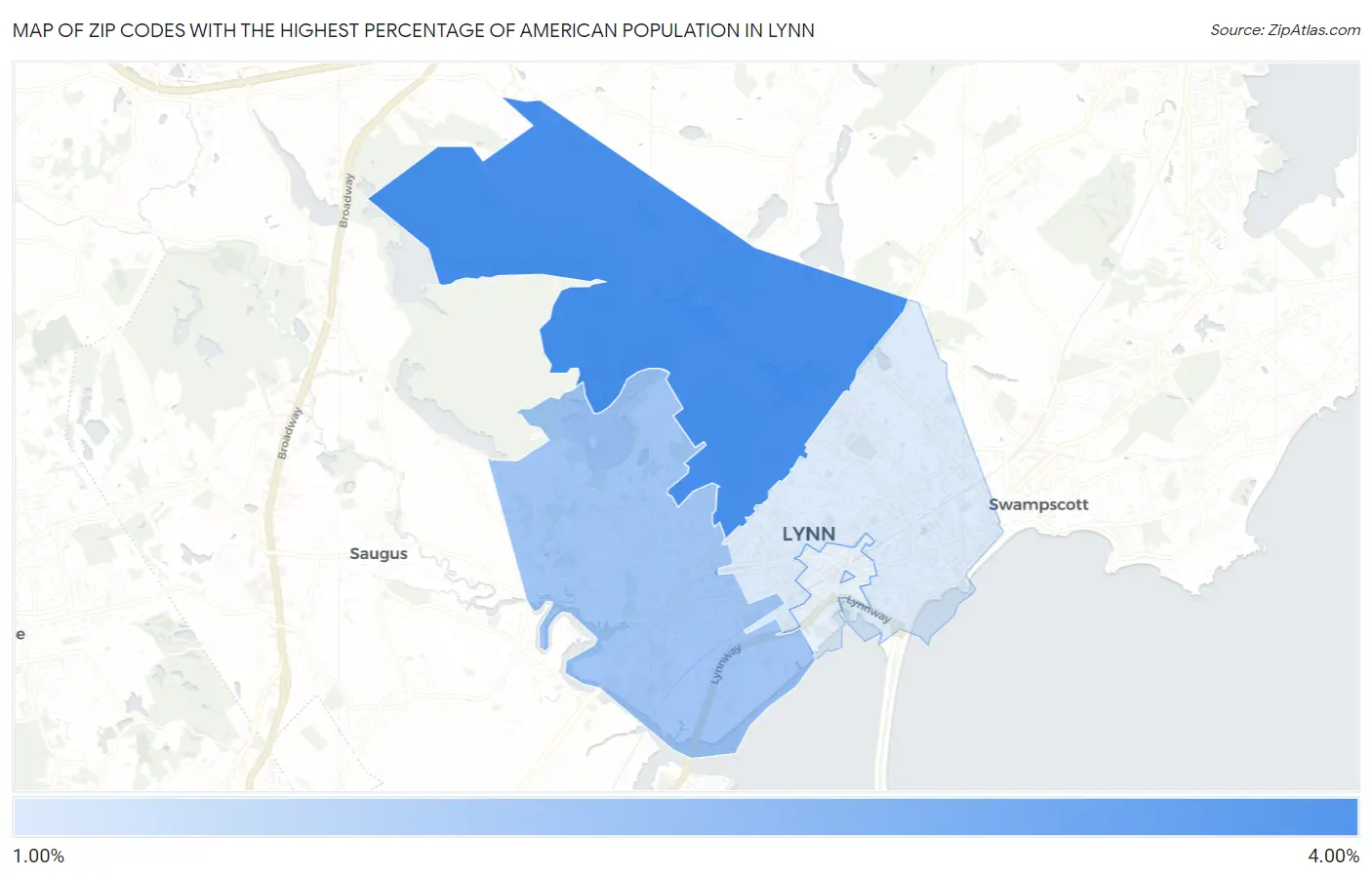 Zip Codes with the Highest Percentage of American Population in Lynn Map