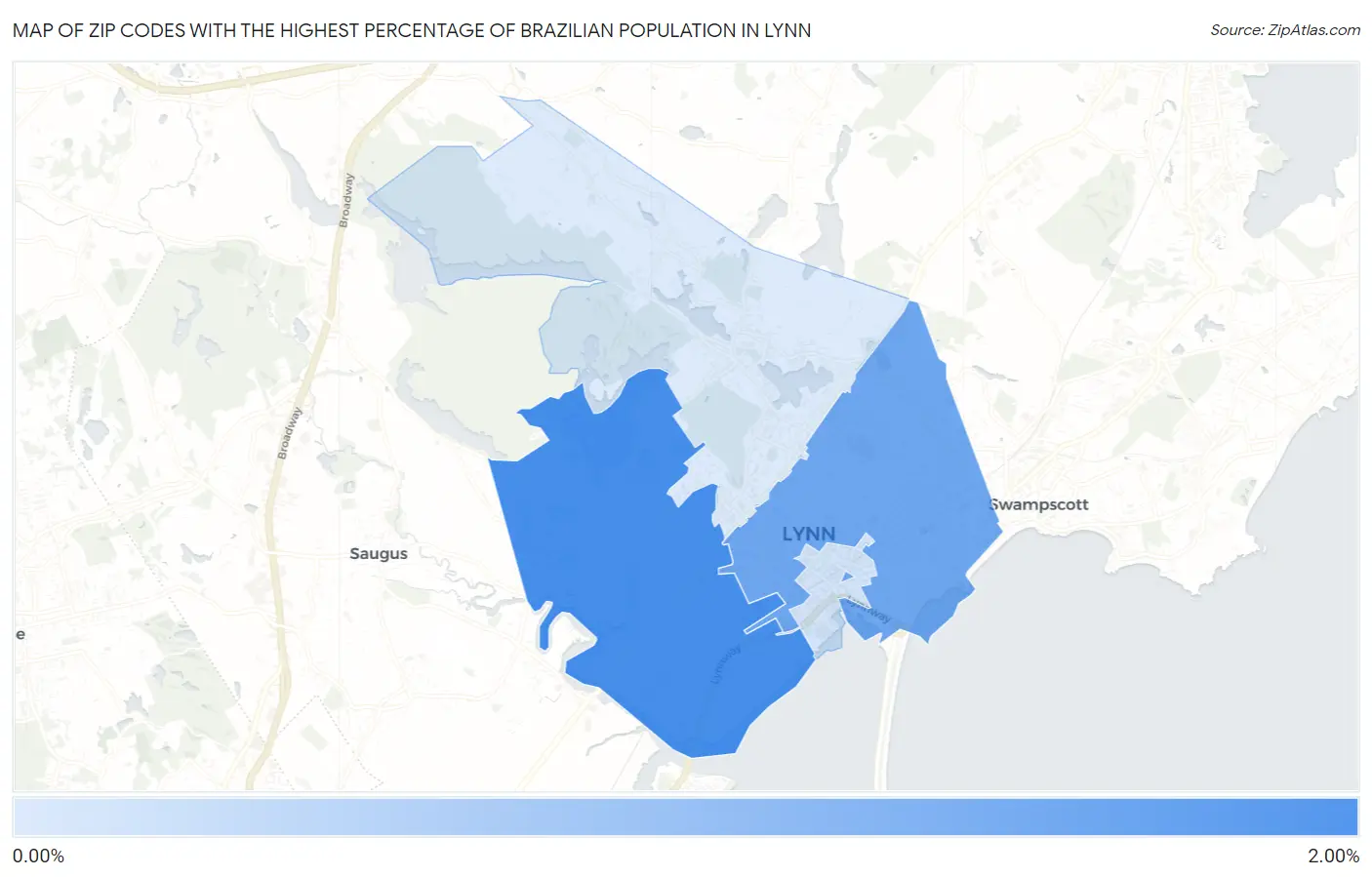 Zip Codes with the Highest Percentage of Brazilian Population in Lynn Map