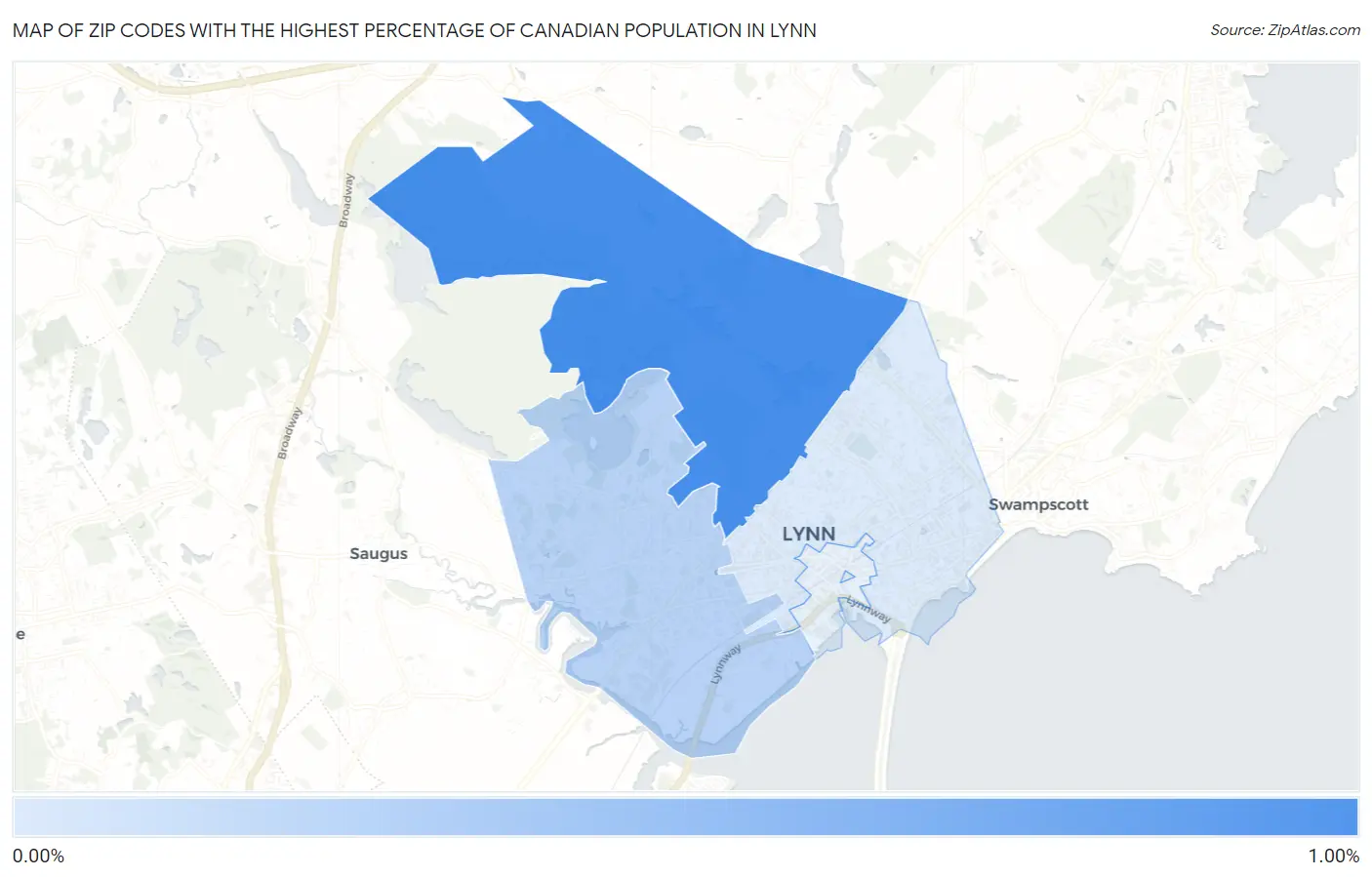 Zip Codes with the Highest Percentage of Canadian Population in Lynn Map