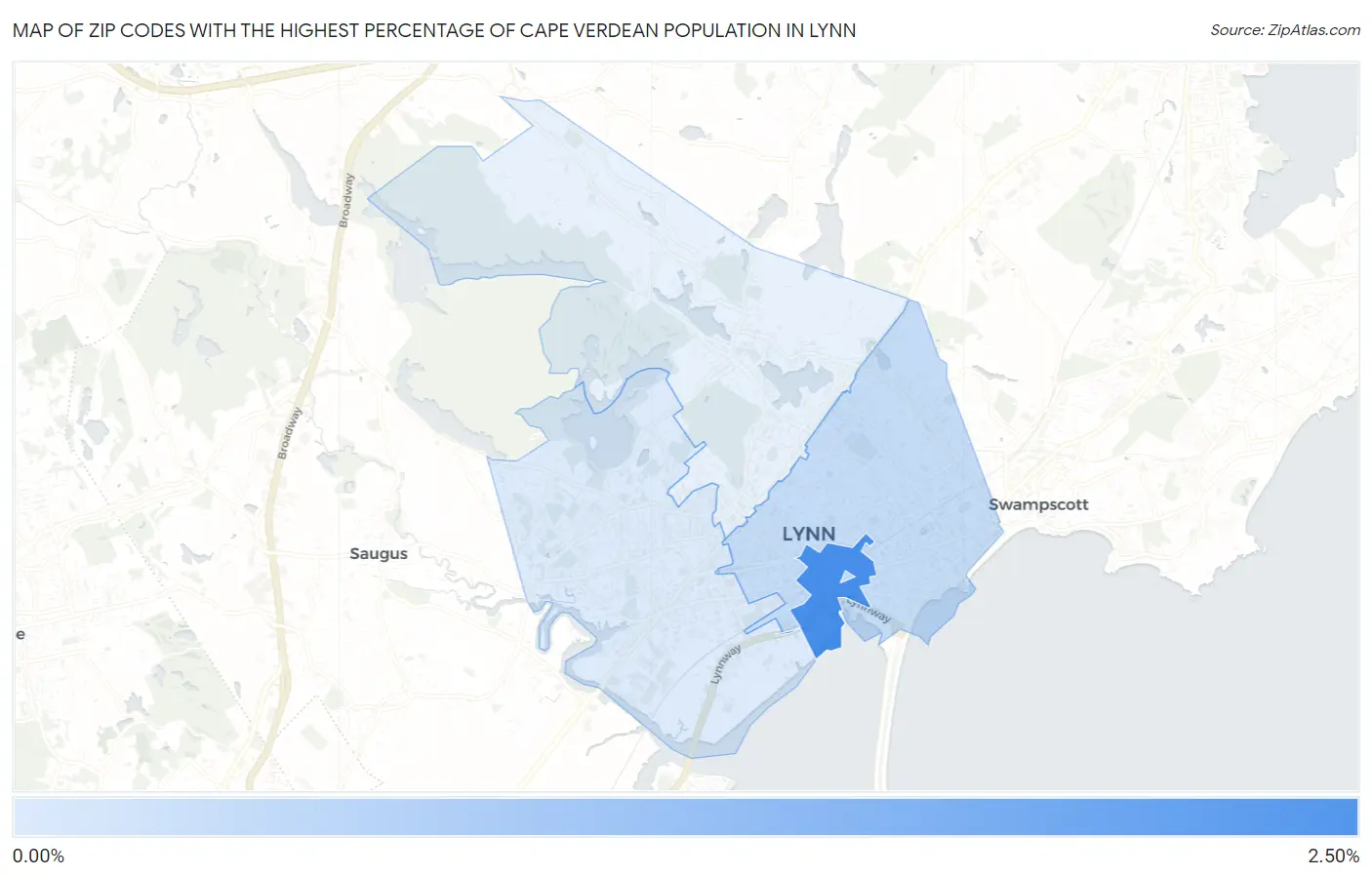 Zip Codes with the Highest Percentage of Cape Verdean Population in Lynn Map