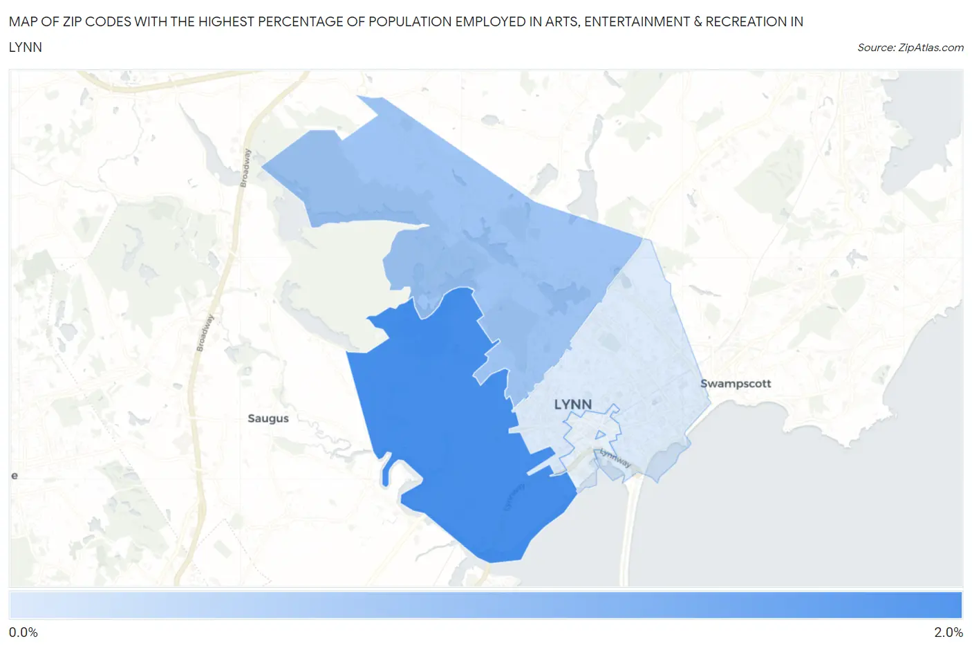 Zip Codes with the Highest Percentage of Population Employed in Arts, Entertainment & Recreation in Lynn Map