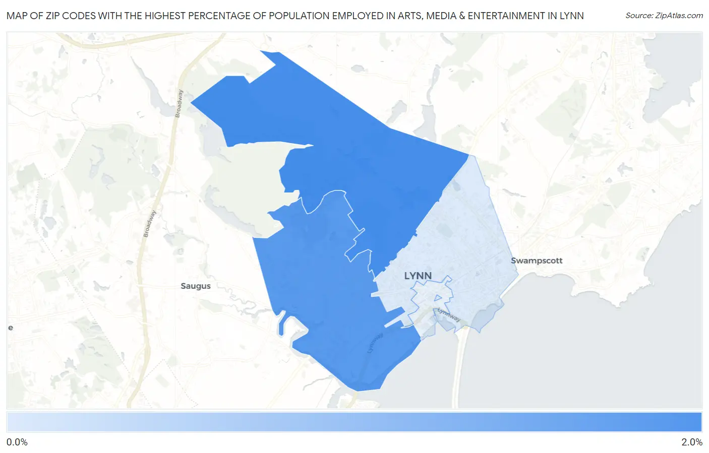 Zip Codes with the Highest Percentage of Population Employed in Arts, Media & Entertainment in Lynn Map