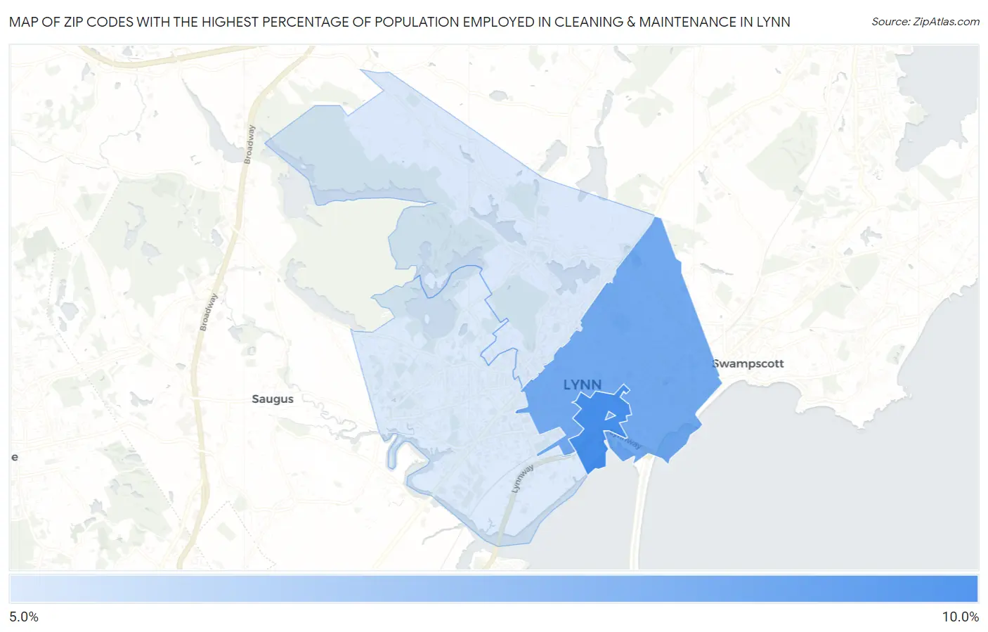 Zip Codes with the Highest Percentage of Population Employed in Cleaning & Maintenance in Lynn Map