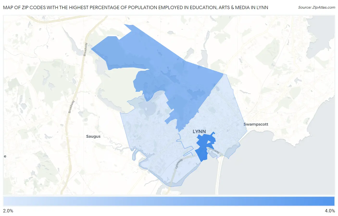 Zip Codes with the Highest Percentage of Population Employed in Education, Arts & Media in Lynn Map