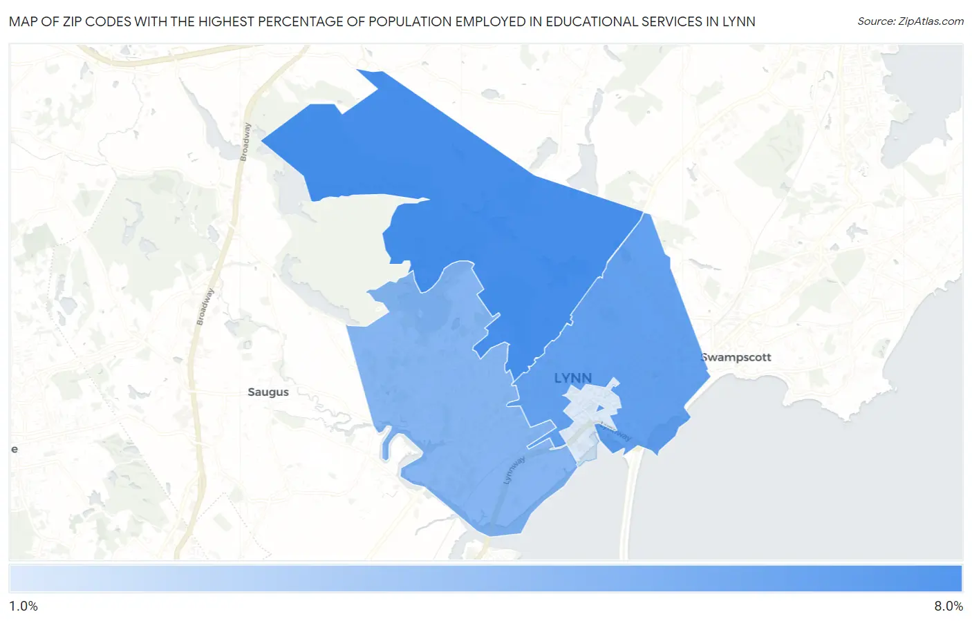 Zip Codes with the Highest Percentage of Population Employed in Educational Services in Lynn Map