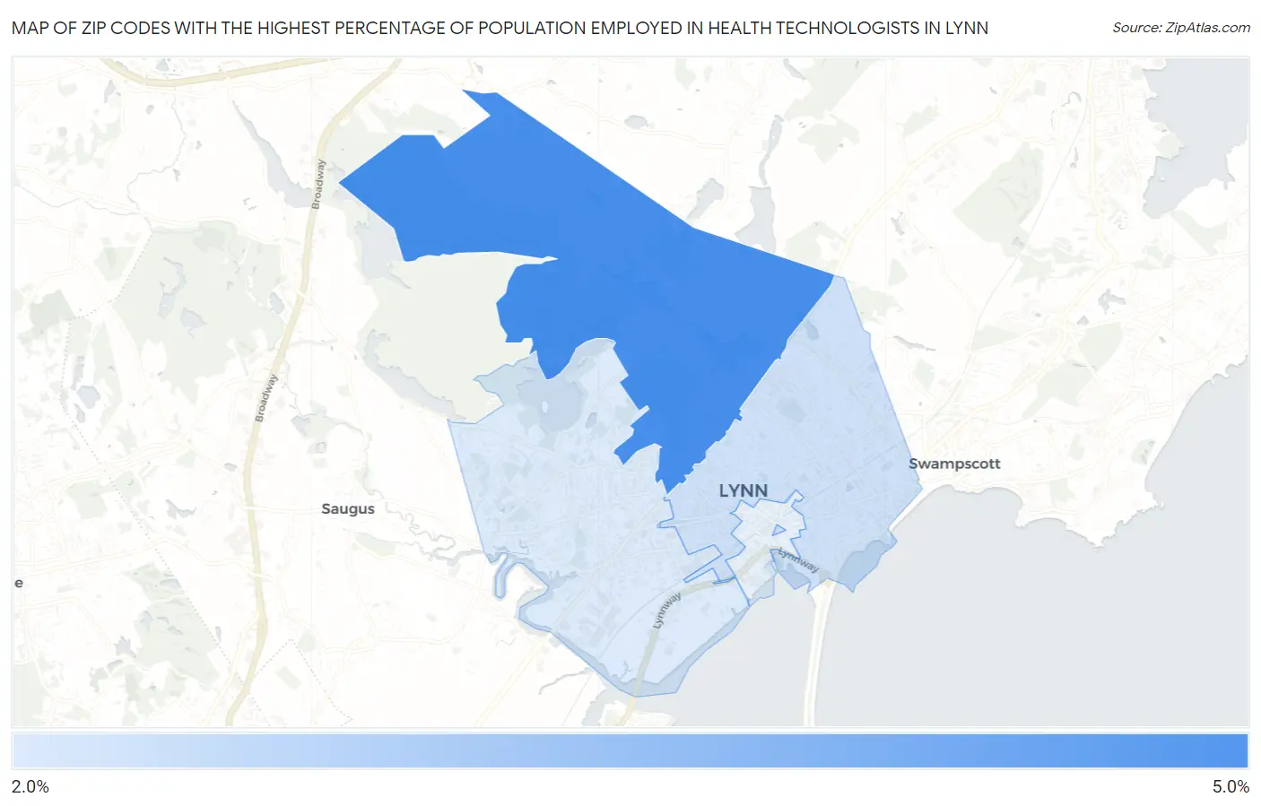 Zip Codes with the Highest Percentage of Population Employed in Health Technologists in Lynn Map