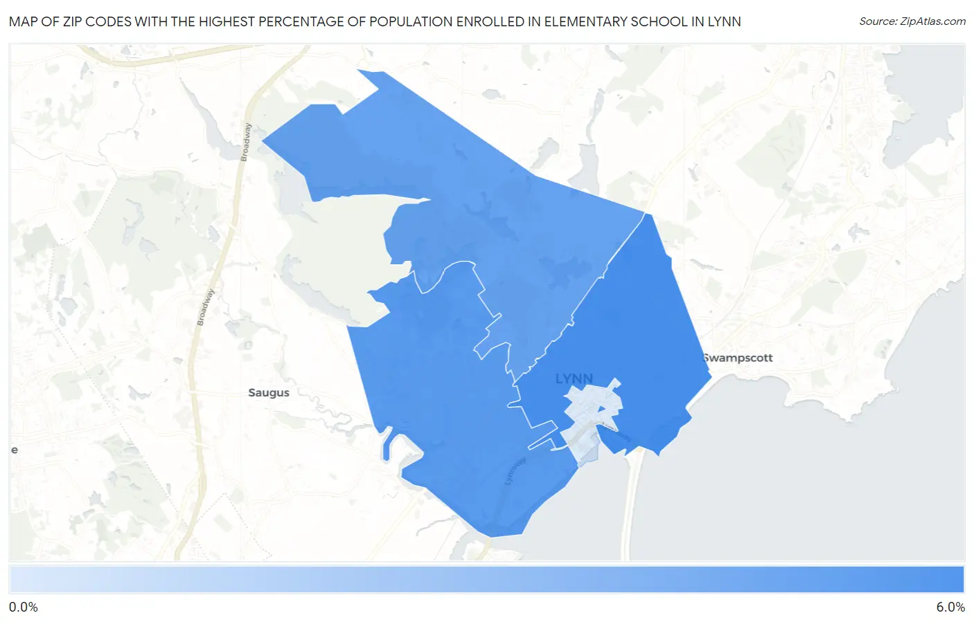 Zip Codes with the Highest Percentage of Population Enrolled in Elementary School in Lynn Map