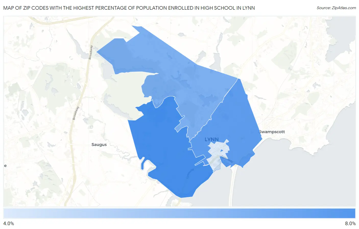 Zip Codes with the Highest Percentage of Population Enrolled in High School in Lynn Map
