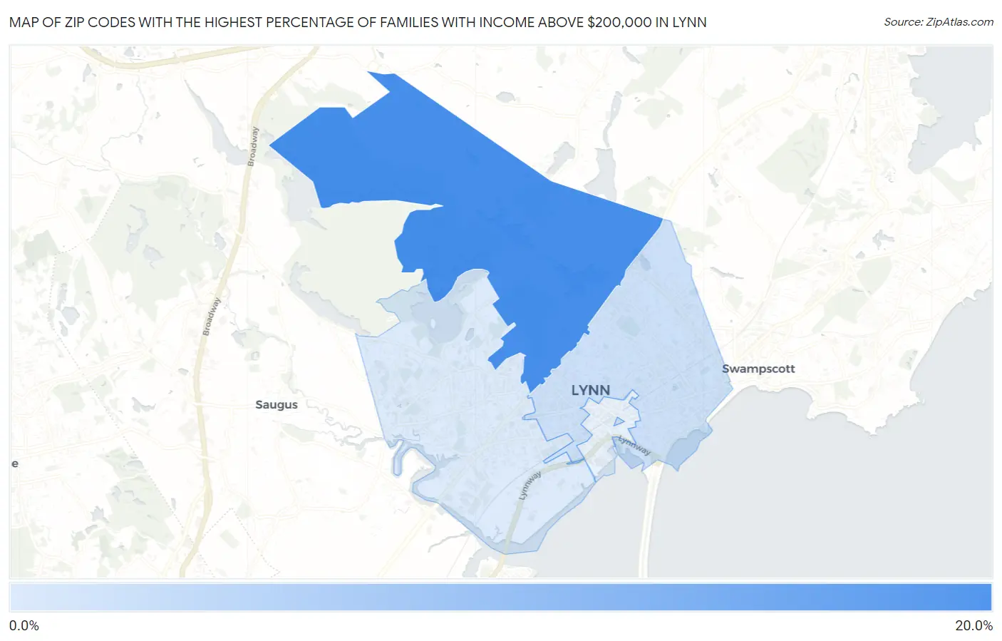 Zip Codes with the Highest Percentage of Families with Income Above $200,000 in Lynn Map